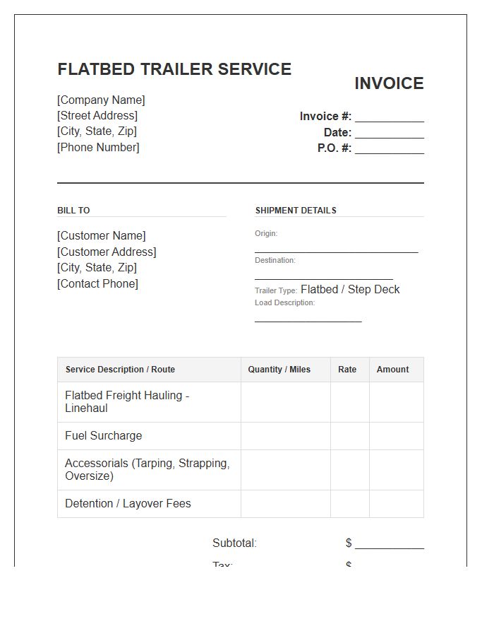 Flatbed Trailer Service Invoice Template