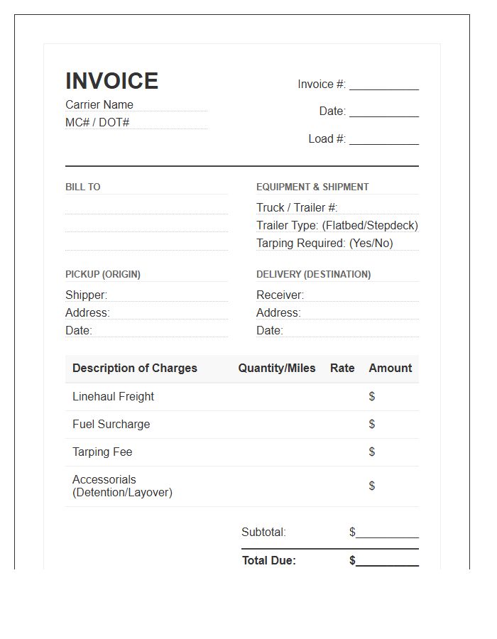 Flatbed Trucking Freight Invoice Template