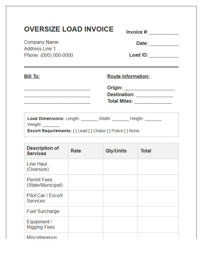 Oversize Load Transportation Invoice Template
