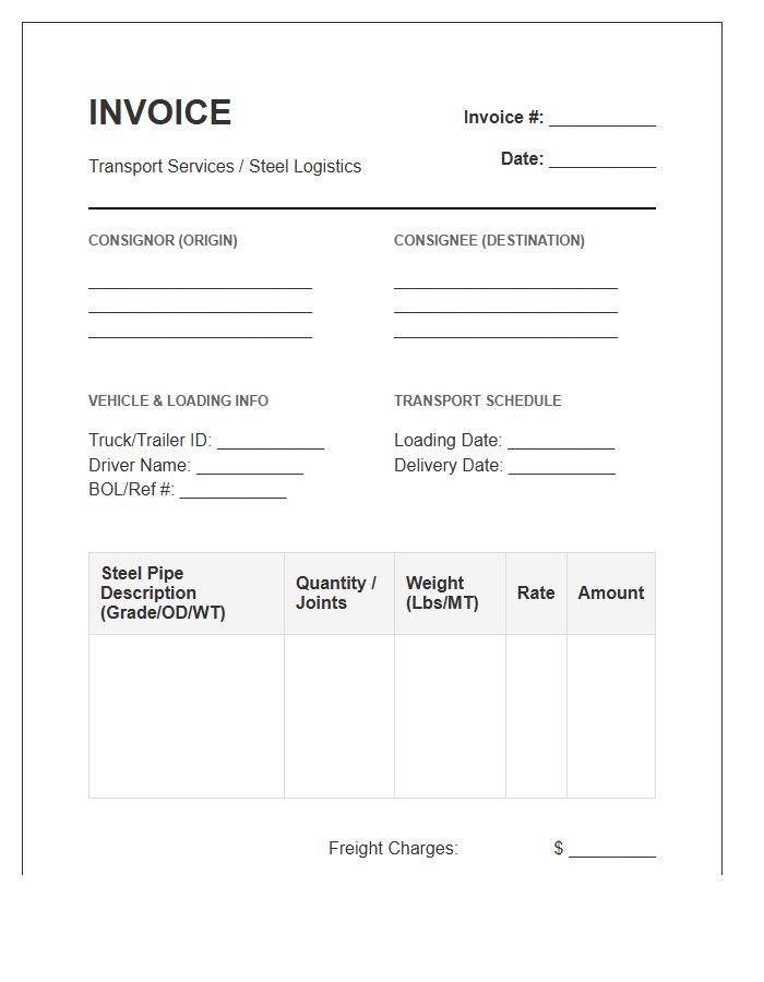 Steel Pipe Transport Invoice Template