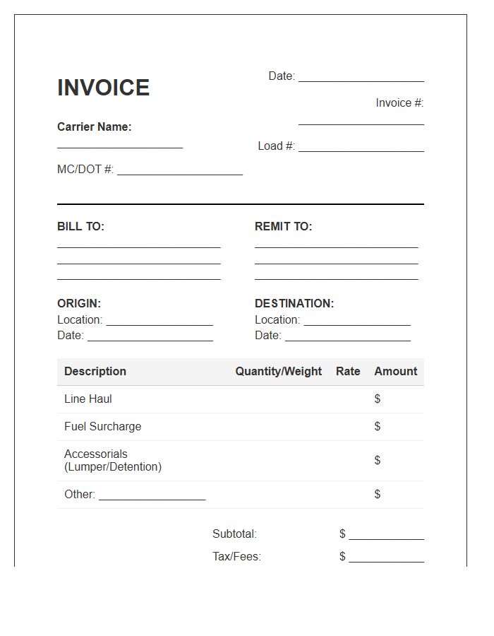 Carrier Operations Billing Invoice Template