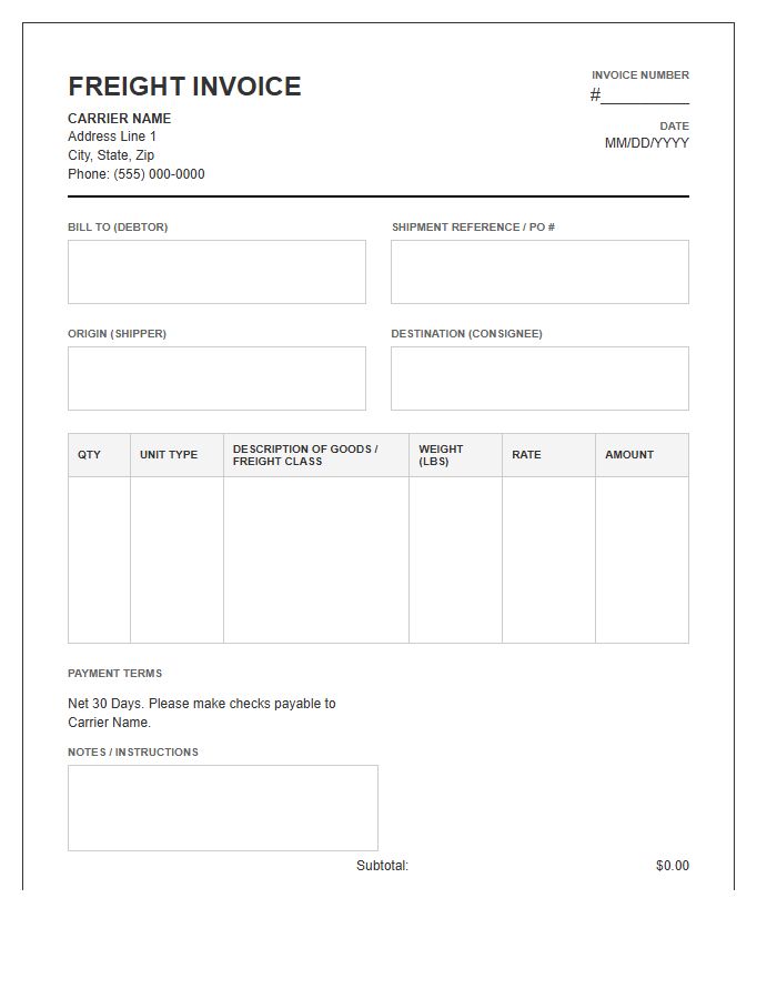 Commercial Carrier Document Invoice Template