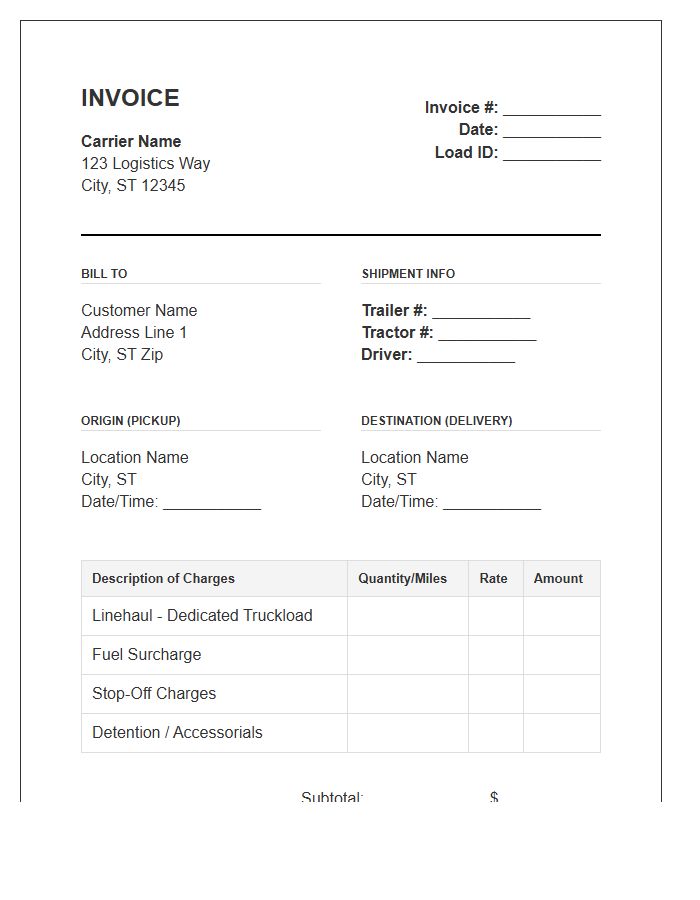 Dedicated Truckload Shipping Invoice Template