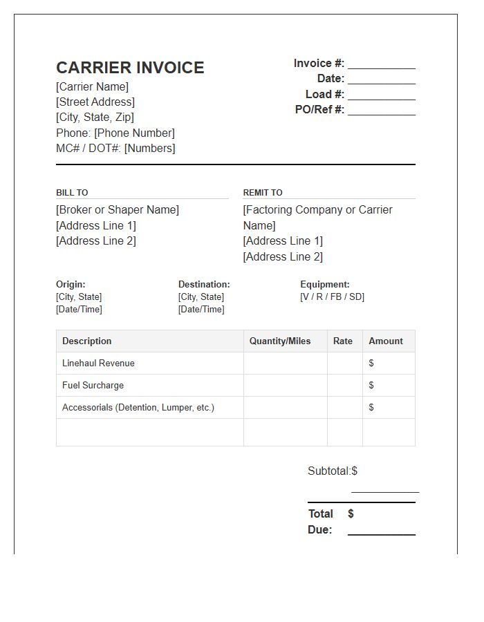 Over The Road Carrier Invoice Template