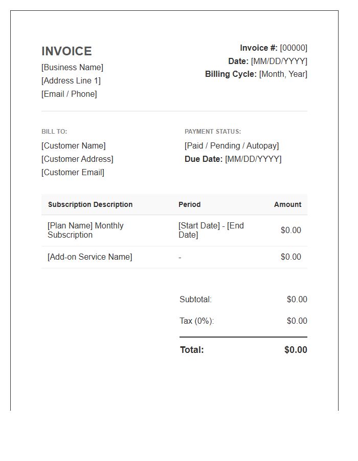Monthly Subscription Business Invoice Template