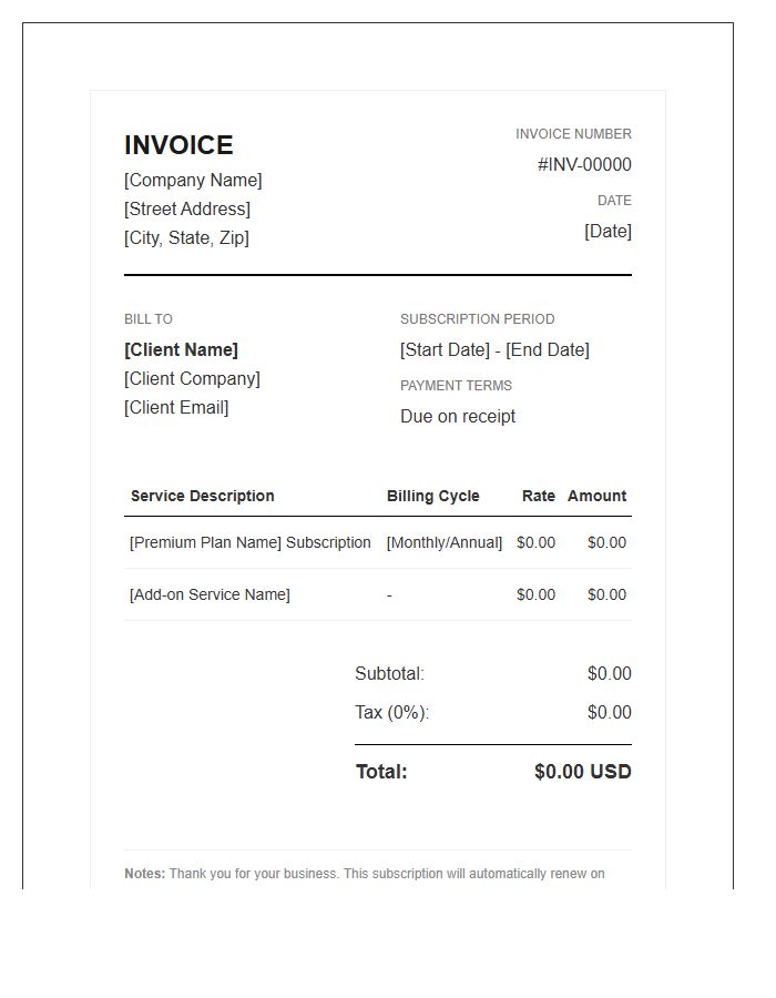 Premium Service Subscription Invoice Template