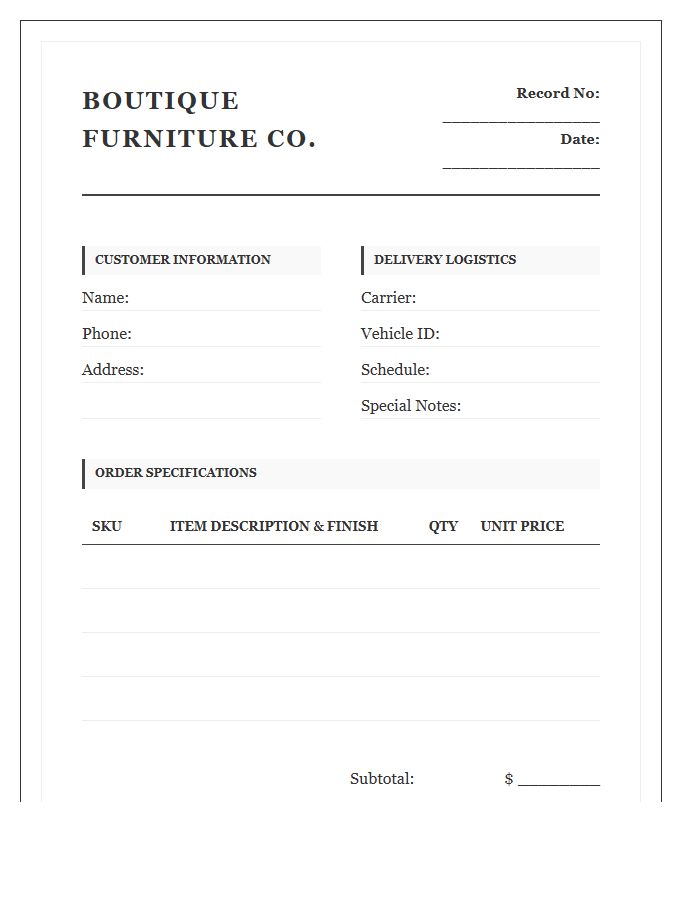 Boutique Furniture Delivery Record Invoice Template