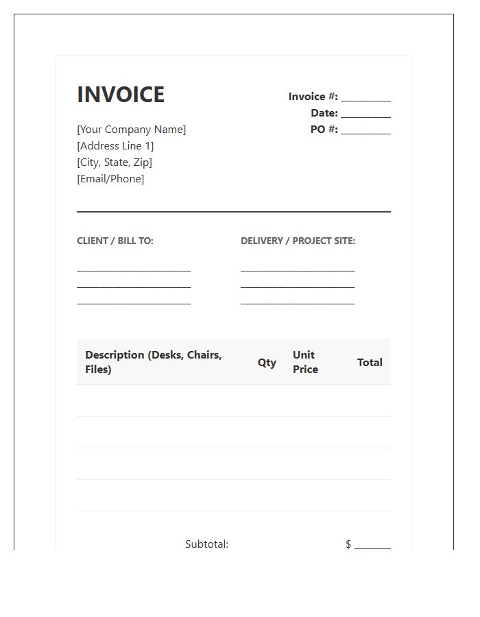 Commercial Office Furniture Delivery Invoice Template