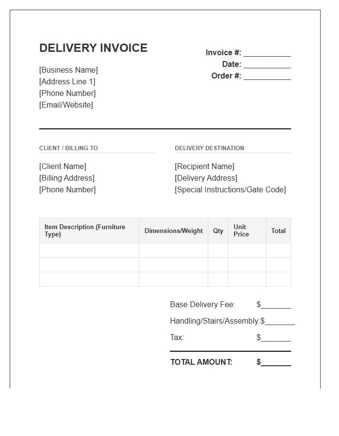 Custom Upholstery Delivery Professional Invoice Template