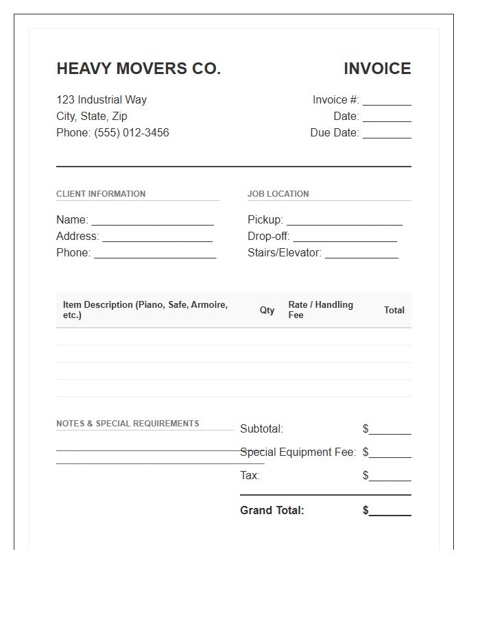 Heavy Furniture Moving Service Invoice Template