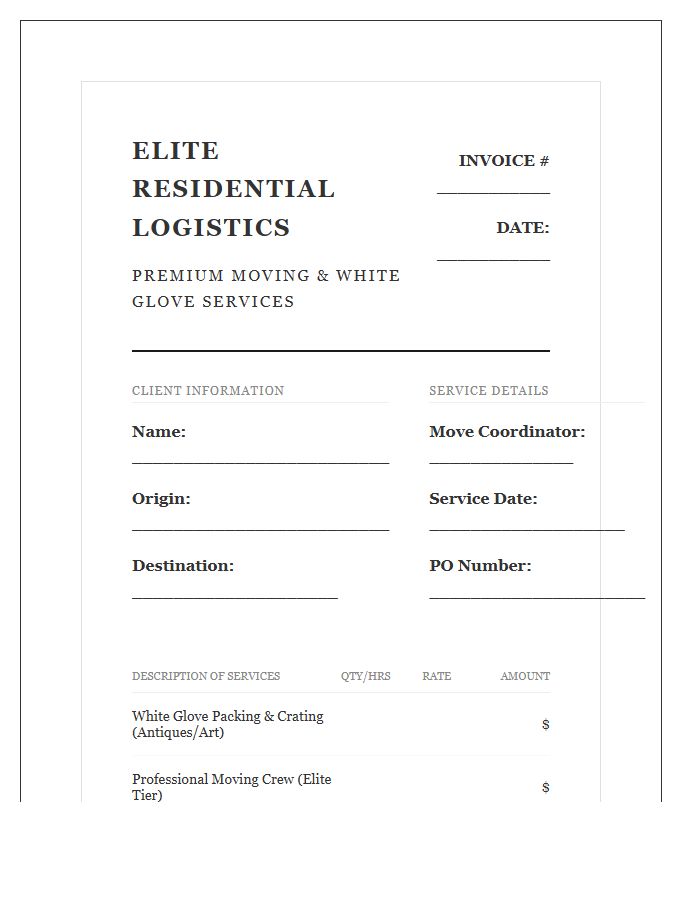 High End Residential Moving Invoice Template