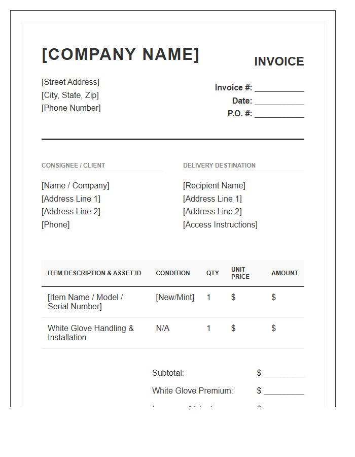 High Value Item White Glove Invoice Template