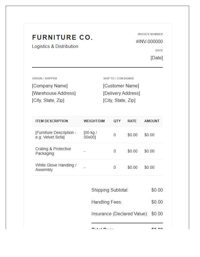 Modern Furniture Shipping And Handling Invoice Template
