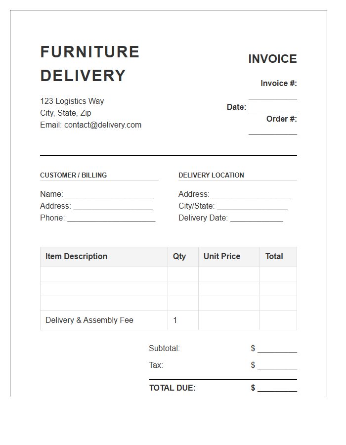 Retail Furniture Delivery Service Invoice Template