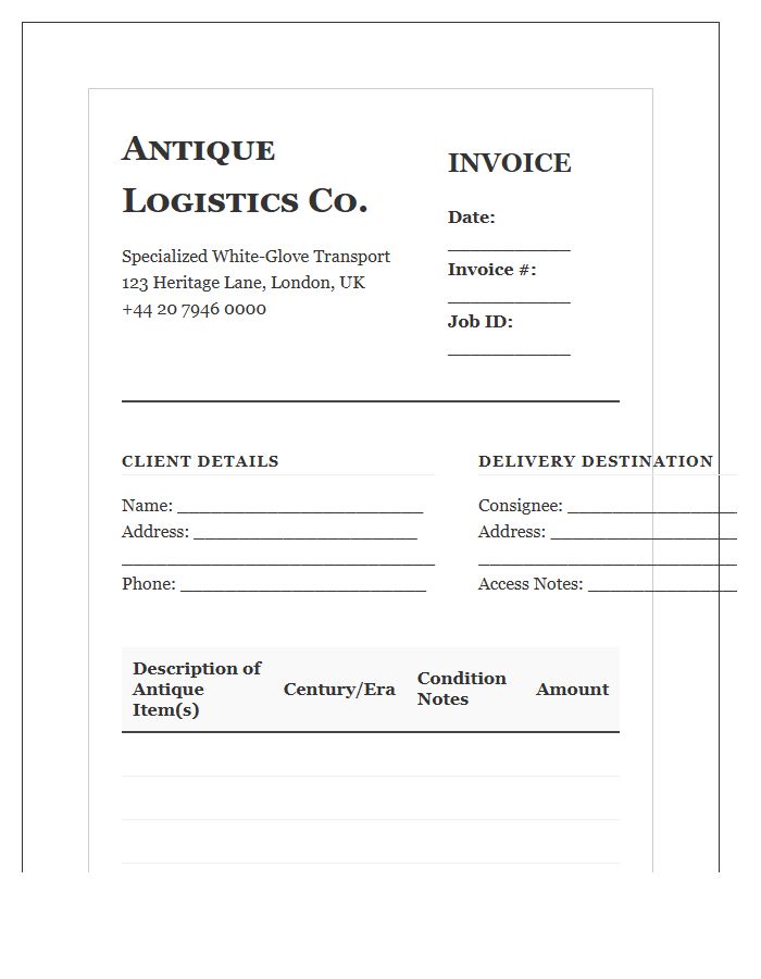 Specialized Antique Furniture Delivery Invoice Template