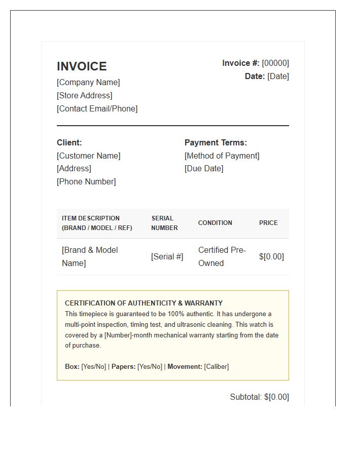 Certified Pre Owned Watch Invoice Template