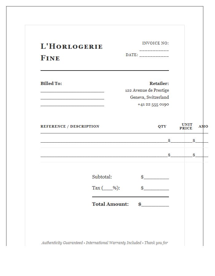 Elegant Timepiece Retail Invoice Template