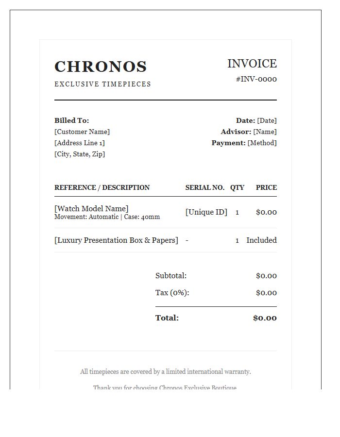 Exclusive Watch Boutique Invoice Template
