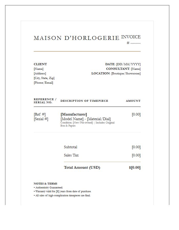 High End Timepiece Sales Invoice Template