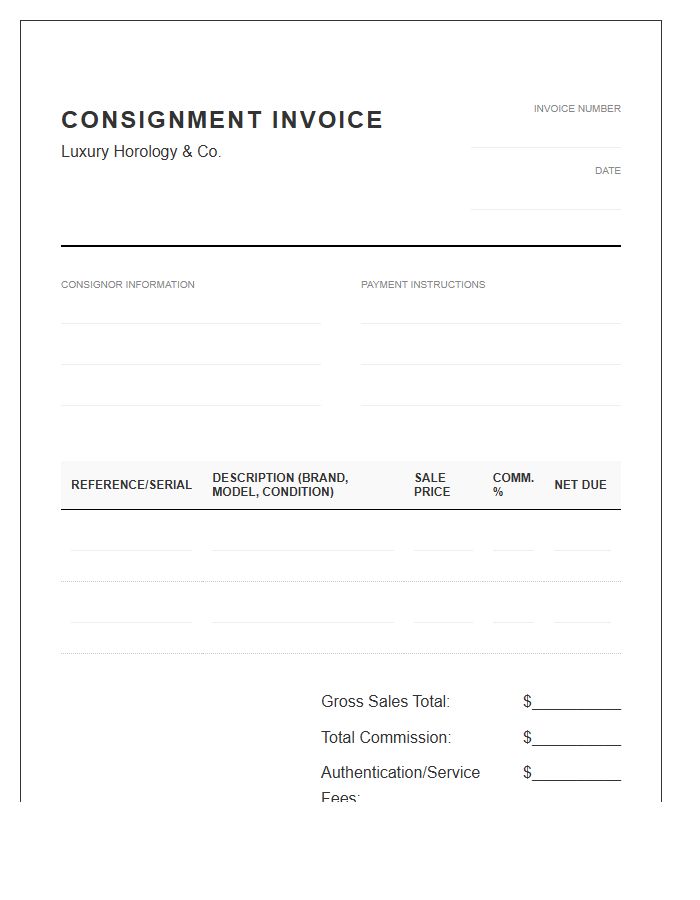 Luxury Watch Consignment Invoice Template