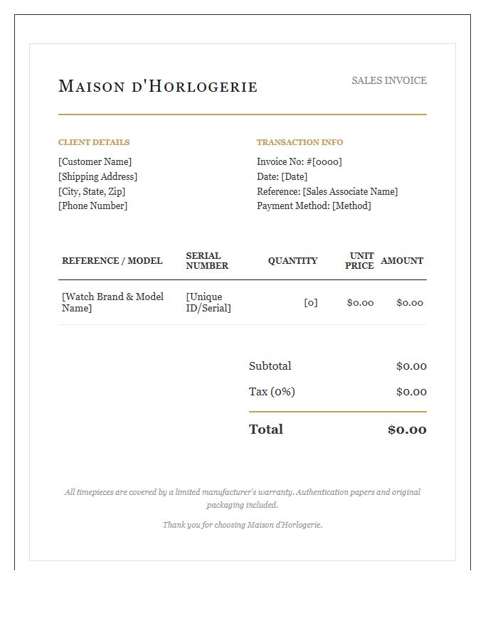 Luxury Watch Sales Invoice Template