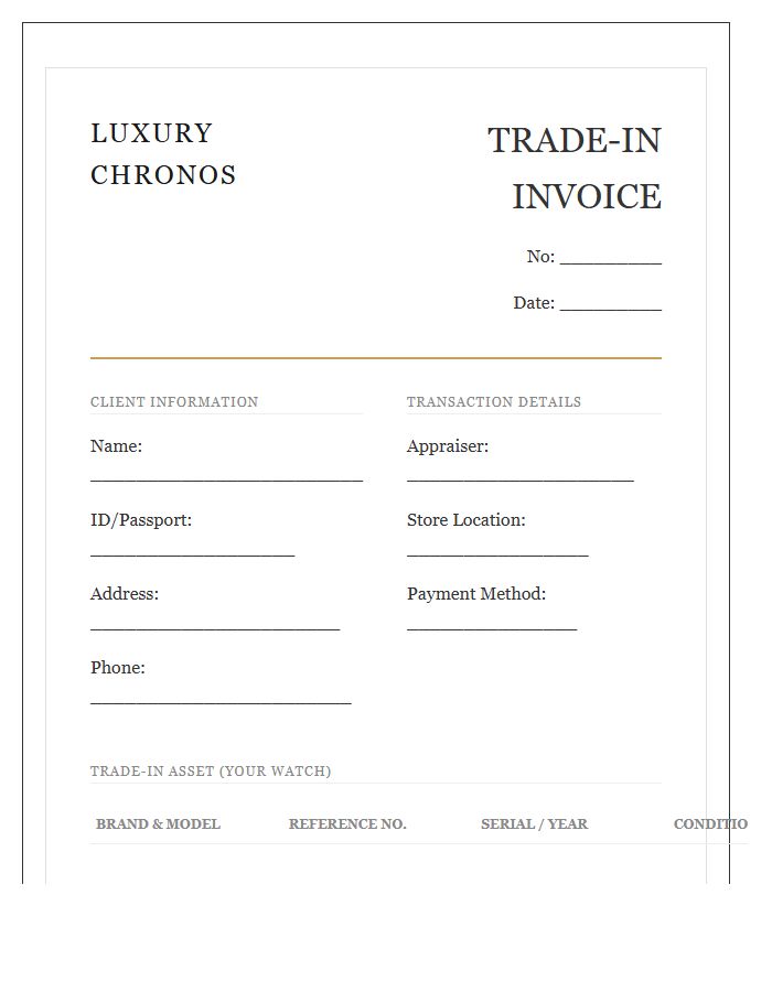 Luxury Watch Trade In Invoice Template