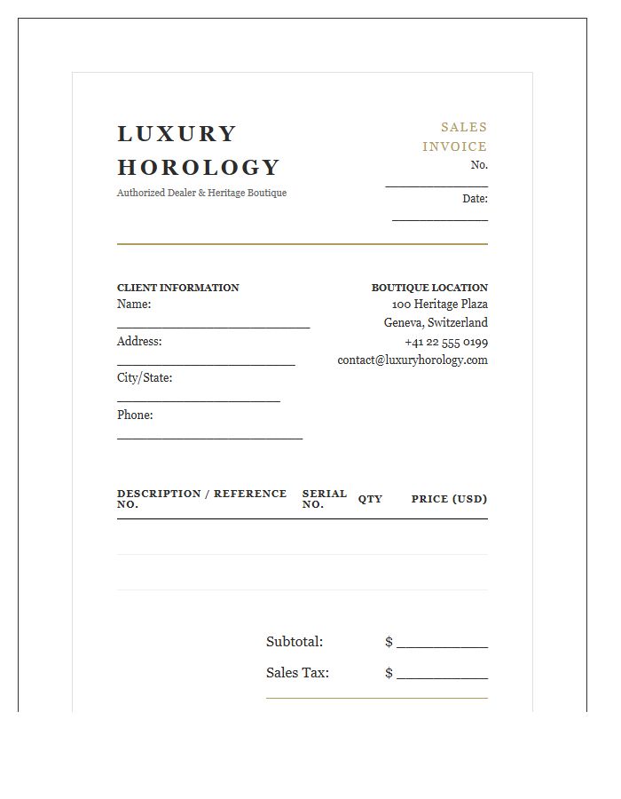 Official Luxury Watch Dealer Invoice Template