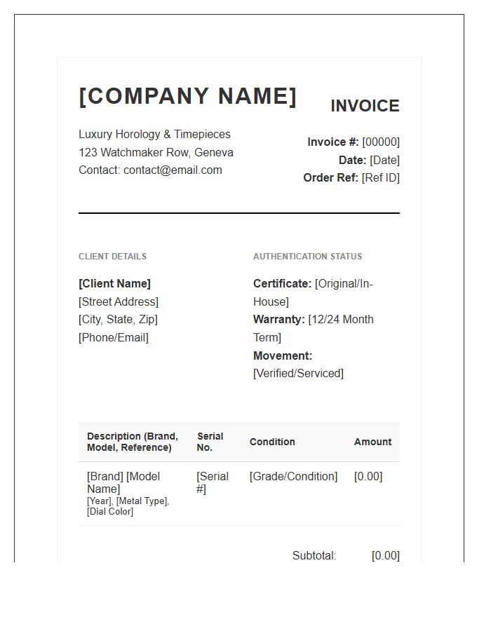 Pre Owned Luxury Watch Invoice Template