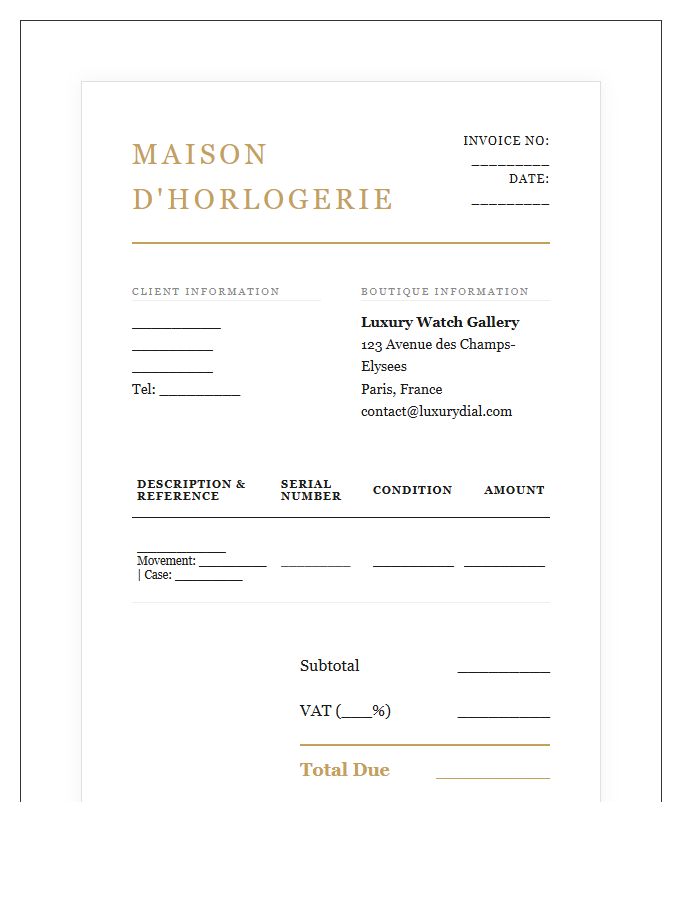 Professional Luxury Watch Sales Invoice Template