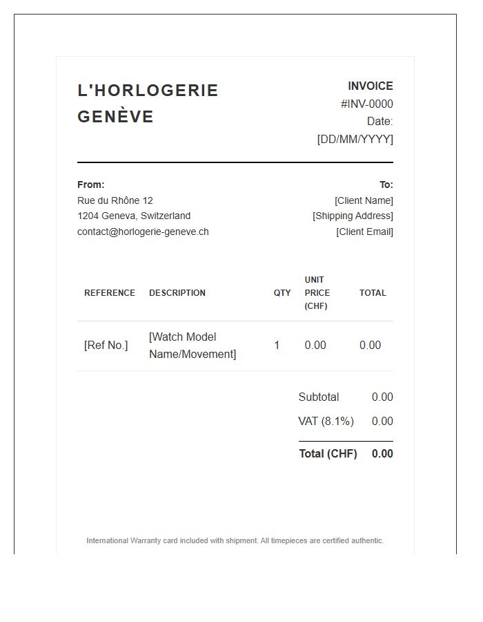 Swiss Watch Retailer Invoice Template