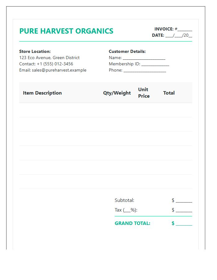 Organic Supermarket Sales Invoice Template