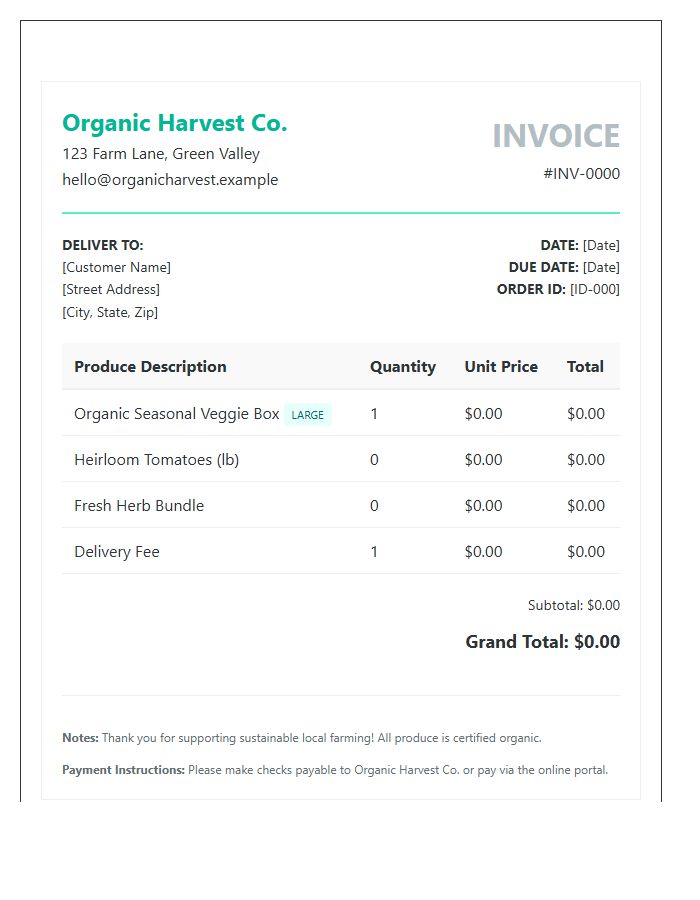 Organic Vegetable Delivery Invoice Template
