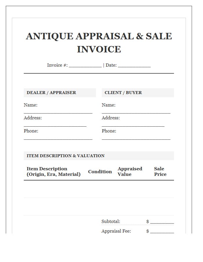 Antique Appraisal And Sale Invoice Template