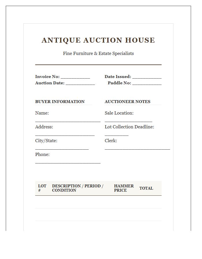Antique Auction House Furniture Invoice Template
