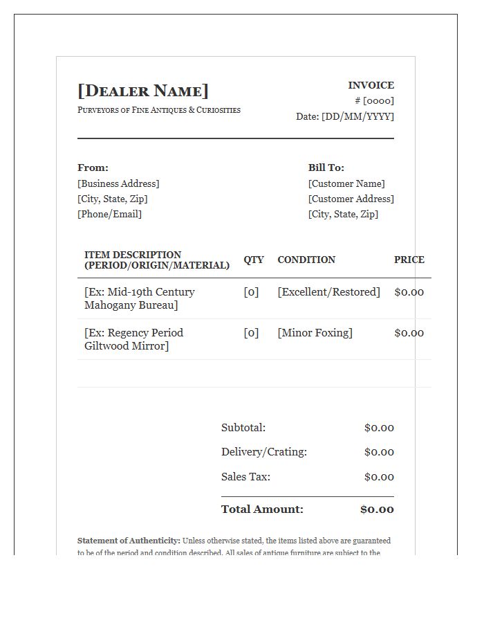 Antique Furniture Dealer Sales Invoice Template