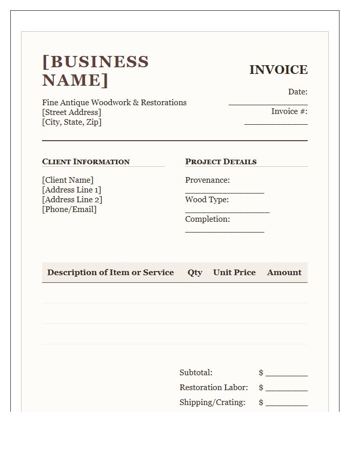 Antique Woodwork Dealer Invoice Template