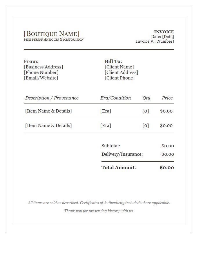 Boutique Antique Furniture Invoice Template