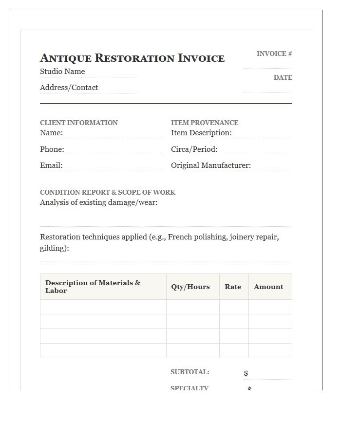 Detailed Antique Restoration Invoice Template