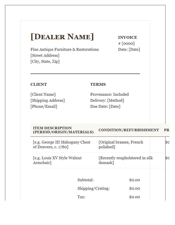 Historical Furniture Dealer Invoice Template