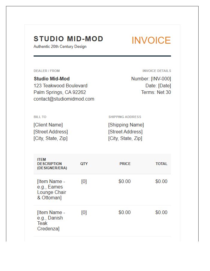 Mid Century Modern Furniture Dealer Invoice Template