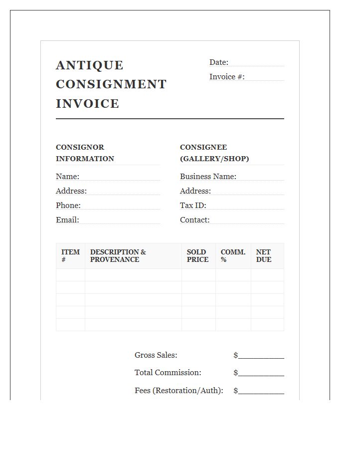 Professional Antique Consignment Invoice Template