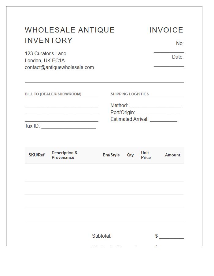 Wholesale Antique Furniture Invoice Template