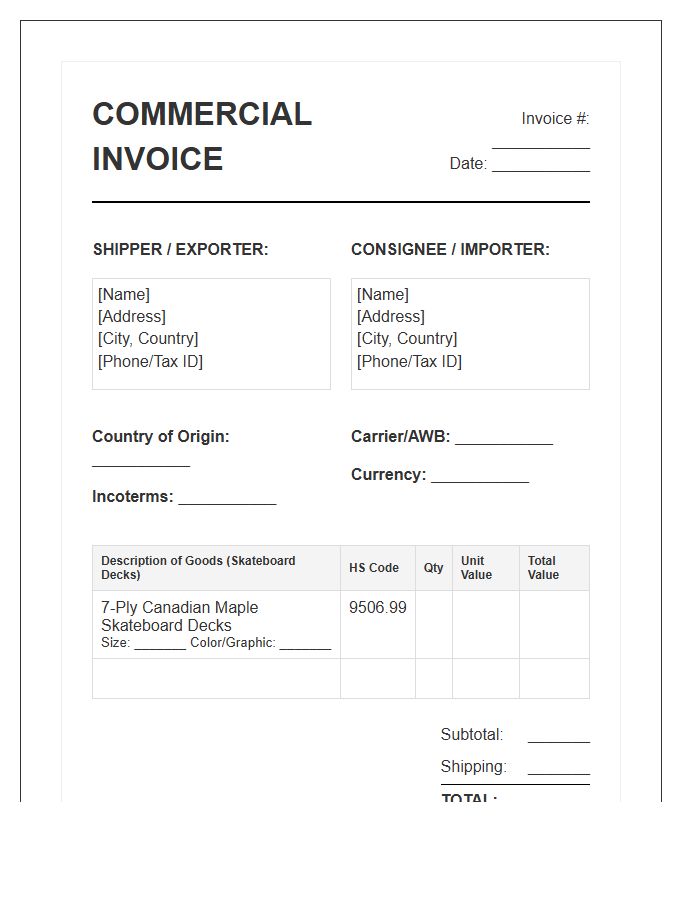 Complete Skateboard Deck Commercial Invoice Template