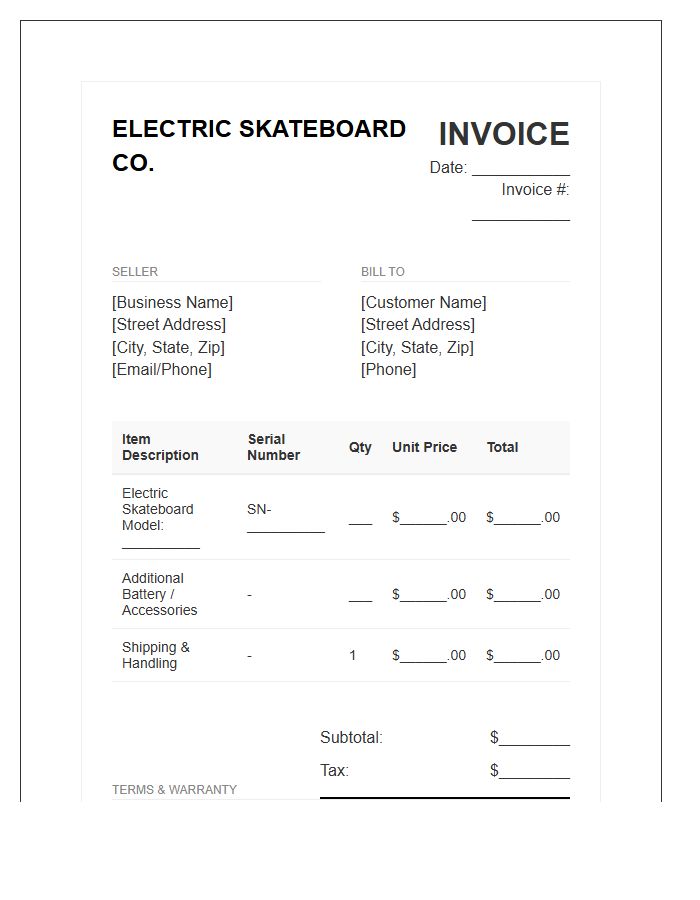Electric Skateboard Retail Commercial Invoice Template