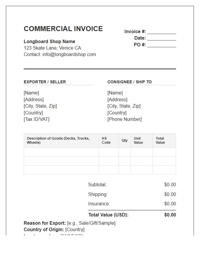 Longboard Shop Commercial Invoice Template