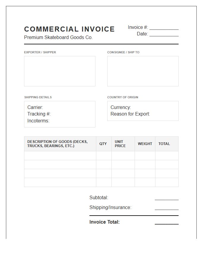 Premium Skateboard Goods Commercial Invoice Template
