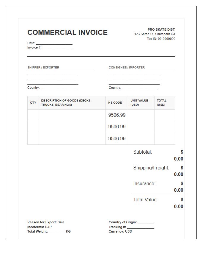 Pro Skateboard Equipment Commercial Invoice Template