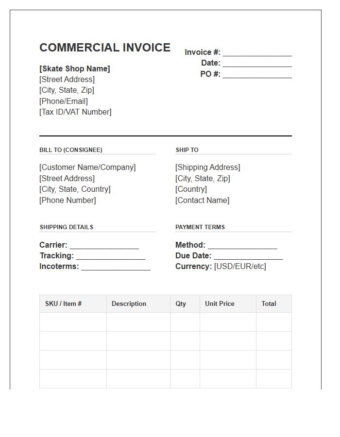 Skate Shop Bulk Sale Commercial Invoice Template