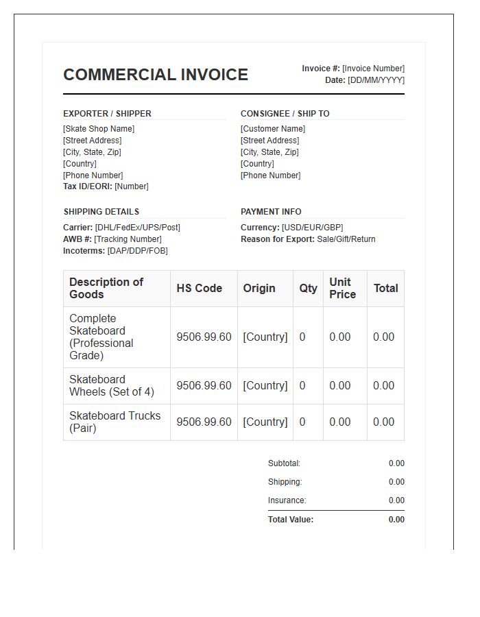 Skate Shop International Shipping Commercial Invoice Template