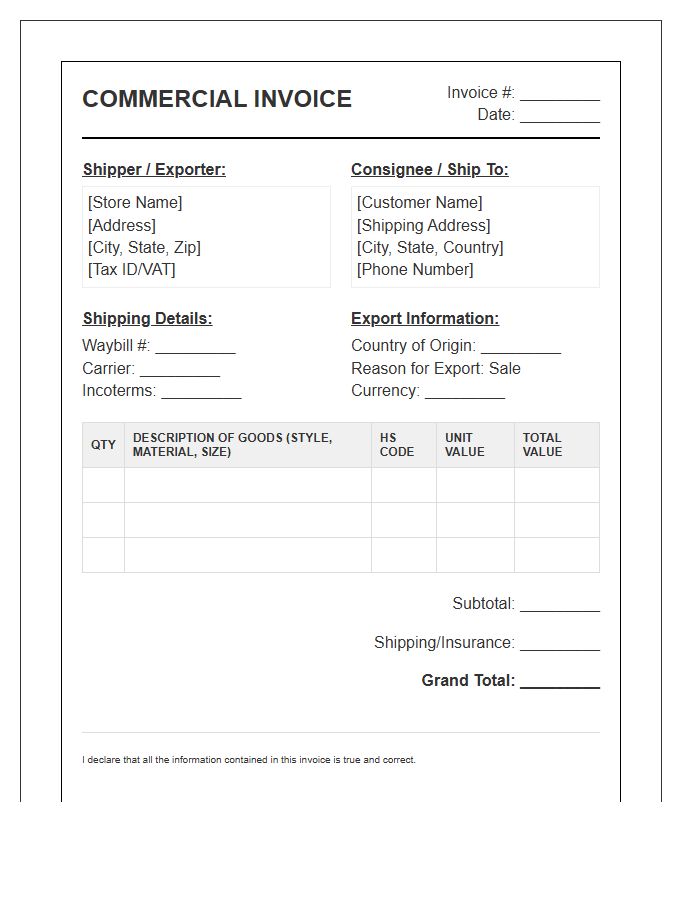 Skateboard Apparel Store Commercial Invoice Template